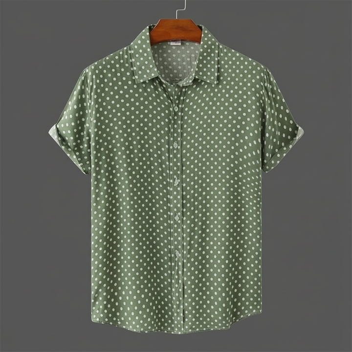 Men's polka dot cabana shirt, short sleeve, relaxed fit, perfect for summer casual style.