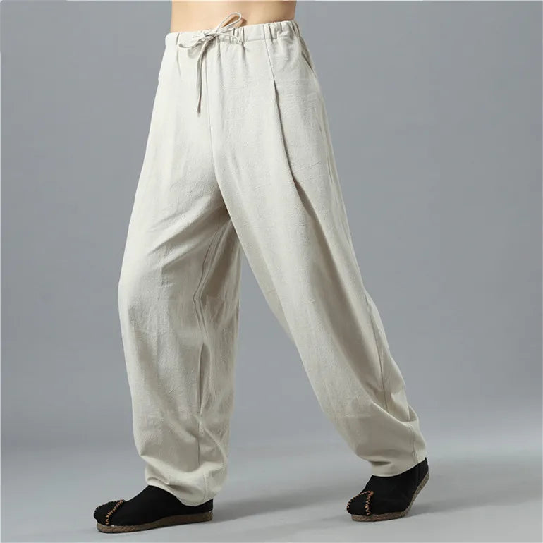 Back view of unisex Kodama relaxed baggy pants, showcasing the loose, comfortable, and breathable fit.