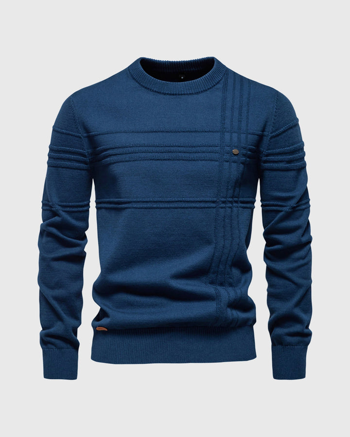 Classic men's crew neck sweater with sophisticated textured knit for winter & fall style.