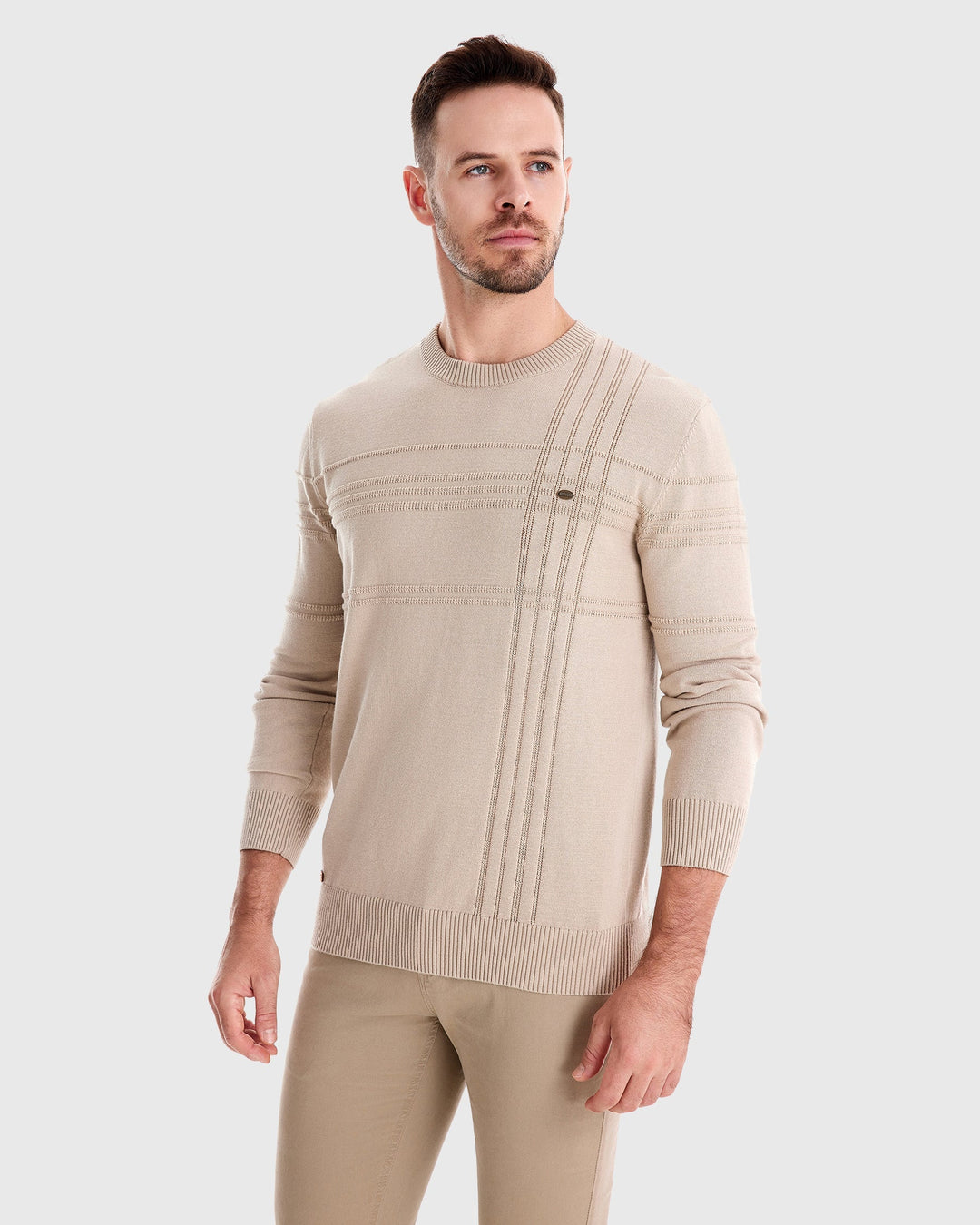 Versatile men's crew neck sweater, textured knit for comfortable everyday and fall fashion.