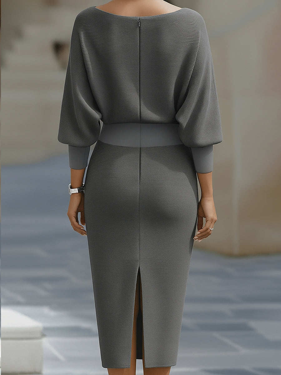 Chic women's bodycon midi dress with elegant cowl neck & batwing sleeves, perfect for evening party wear.