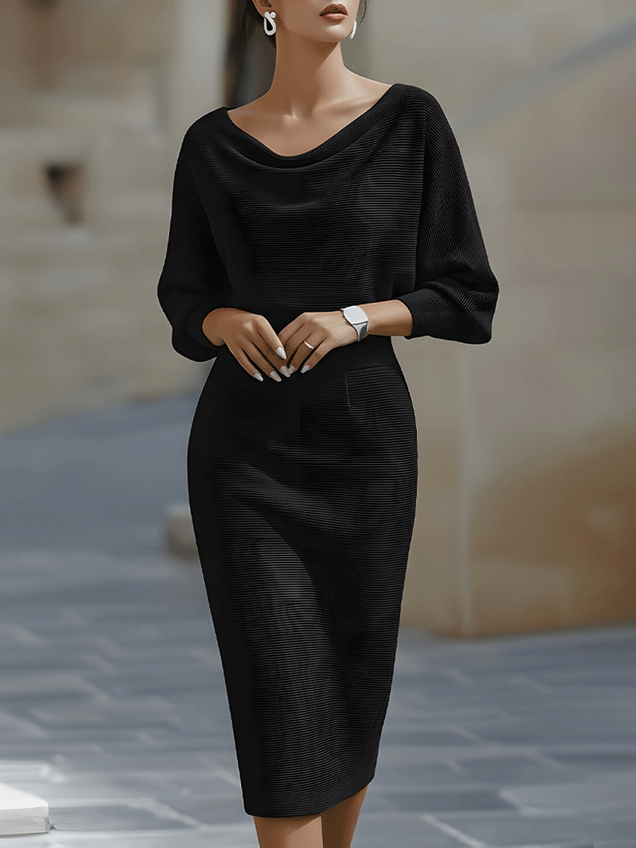 Elegant women's midi dress featuring batwing sleeves and a chic cowl-neck bodycon fit for evening parties.