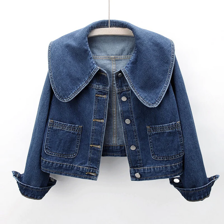 Stylish women's blue cropped jacket with a chic collar, perfect for versatile casual fashion outerwear.
