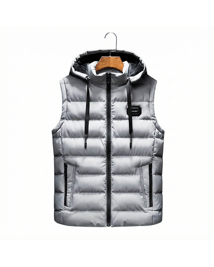 Men's insulated alpine vest with detachable hood, water-resistant & lightweight, ideal for outdoor adventures.