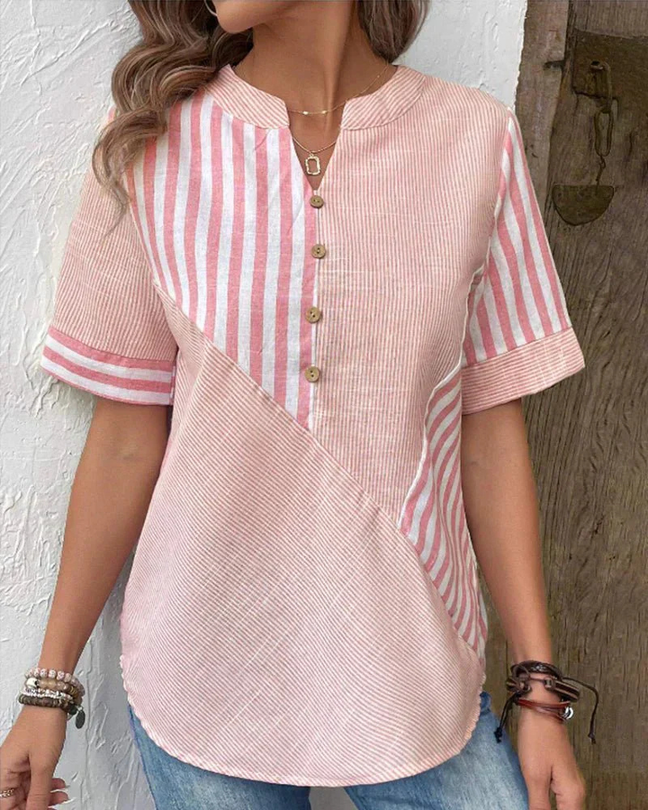 Stylish women's colorblock striped half-button blouse, perfect for smart casual summer fashion.