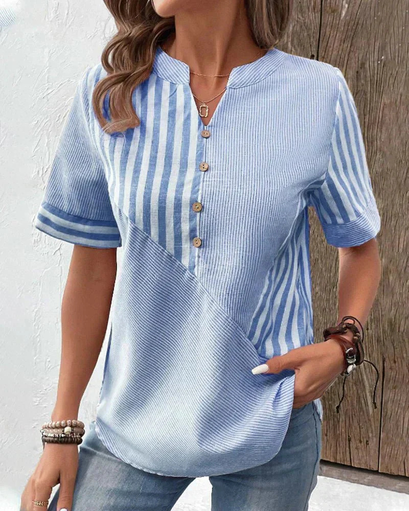 Elegant yet casual women's half-button blouse with chic stripes and colorblock design.
