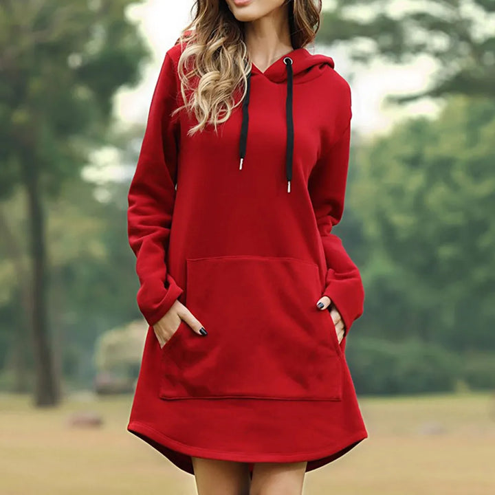 Comfortable women's pullover hoodie dress with practical pockets. Perfect for daily wear.