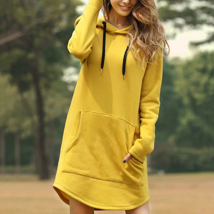 Women's pullover hoodie dress for easy casual comfort. Essential everyday wear.