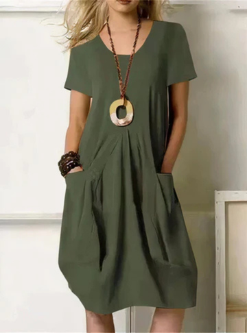 Stylish gathered pocket midi dress for women, casual short sleeve design perfect for summer and everyday wear.