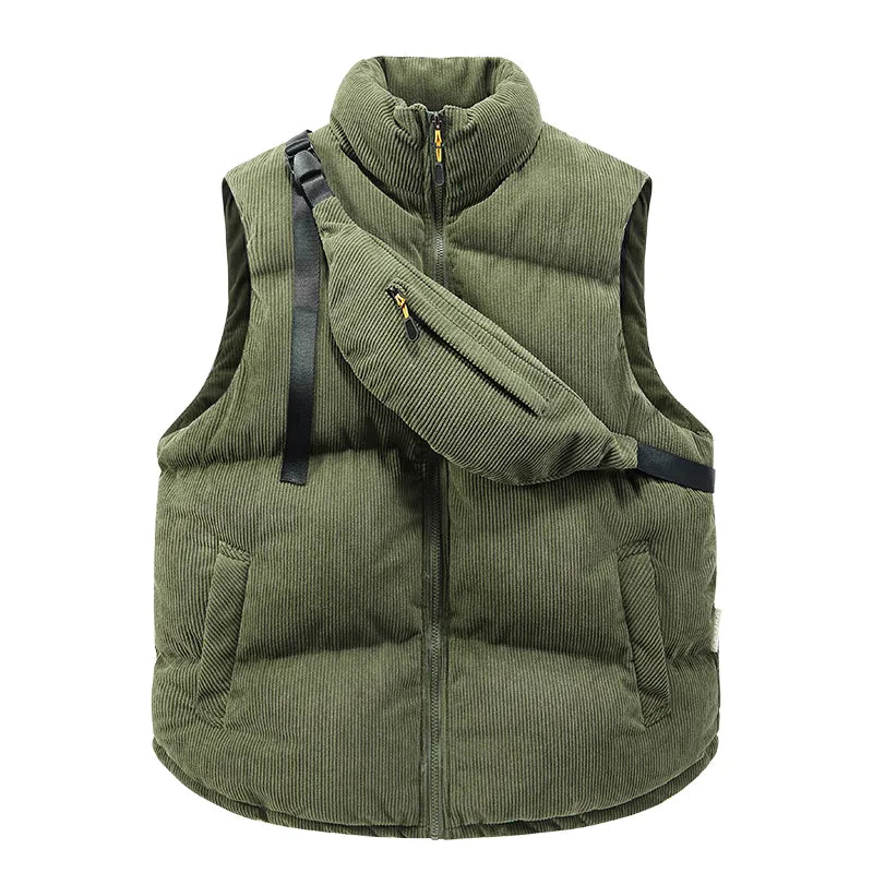 Warm men's padded alpine winter vest, ideal layering piece for cold weather & stylish men's fashion.
