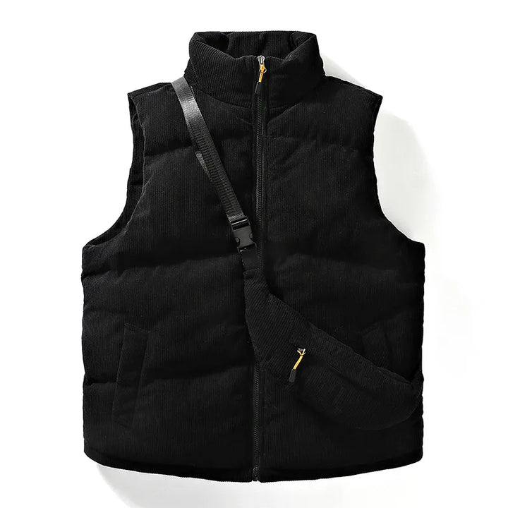 Durable men's alpine winter vest for active cold weather wear. Fashionable sleeveless jacket with free bag.
