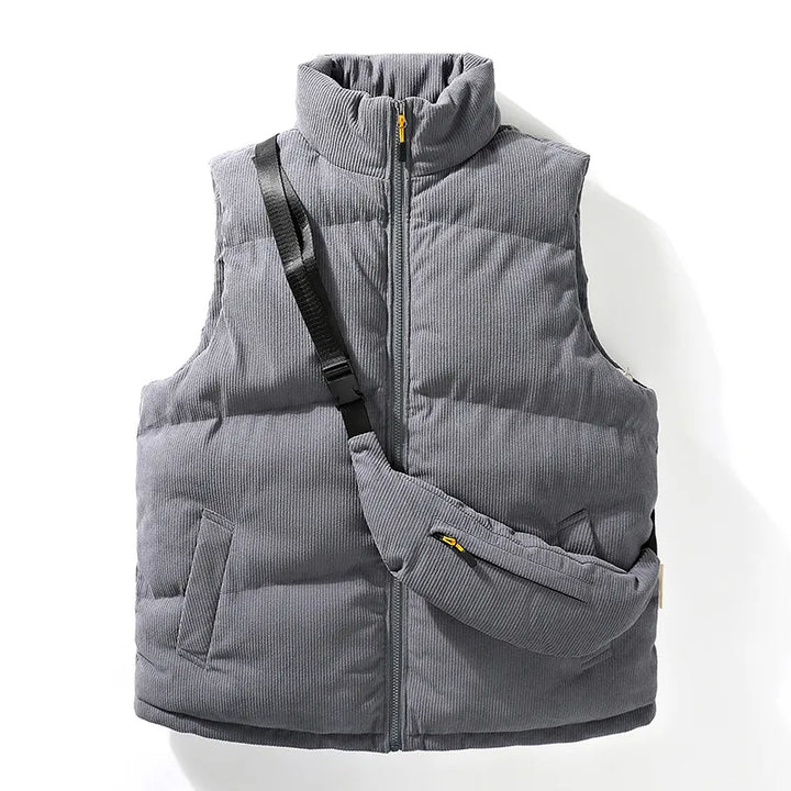 Men's sleeveless alpine winter vest & free matching crossbody bag. Ideal for cold weather fashion.