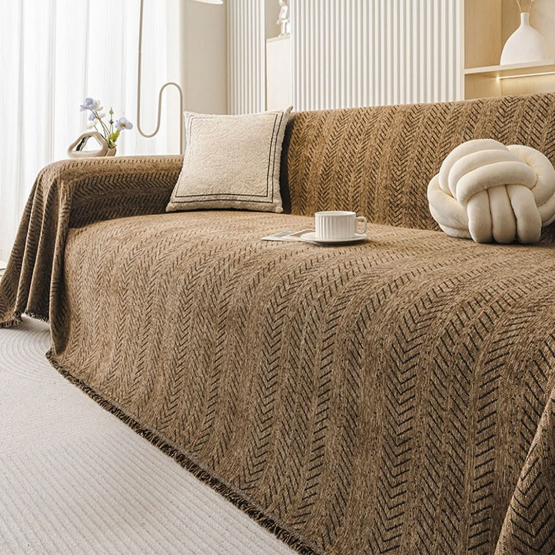 Full view of a protective, scratch-resistant chenille sofa cover. Washable slipcover for pet-friendly home furniture decor.