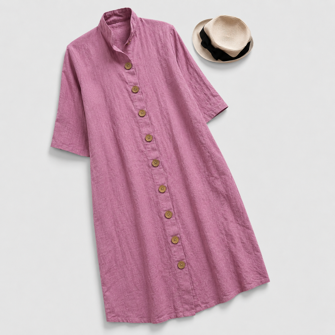 Comfortable women's everyday midi shirt dress. Button-down front & unique layered hem for versatile casual wear.