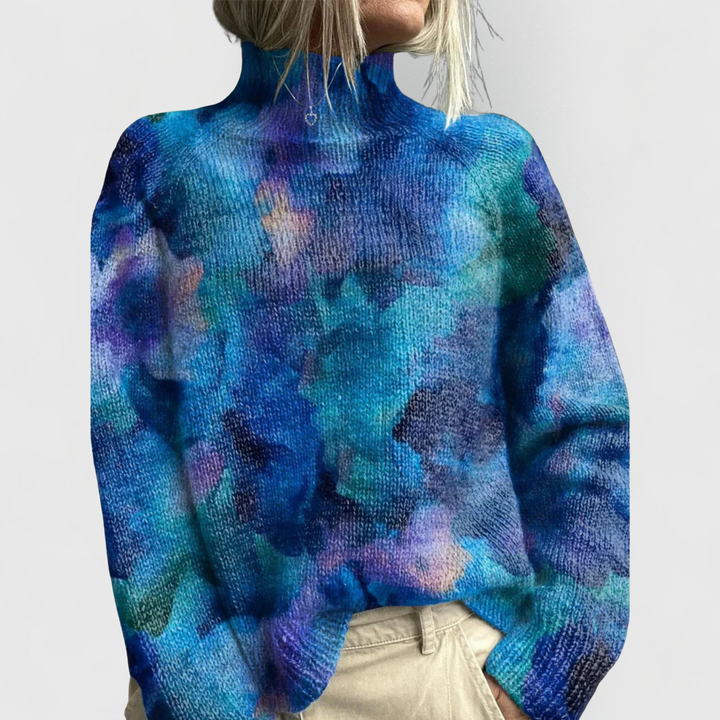 Close-up of a women's elegant ribbed turtleneck sweater, showcasing its classic style and comfortable winter fashion knit.