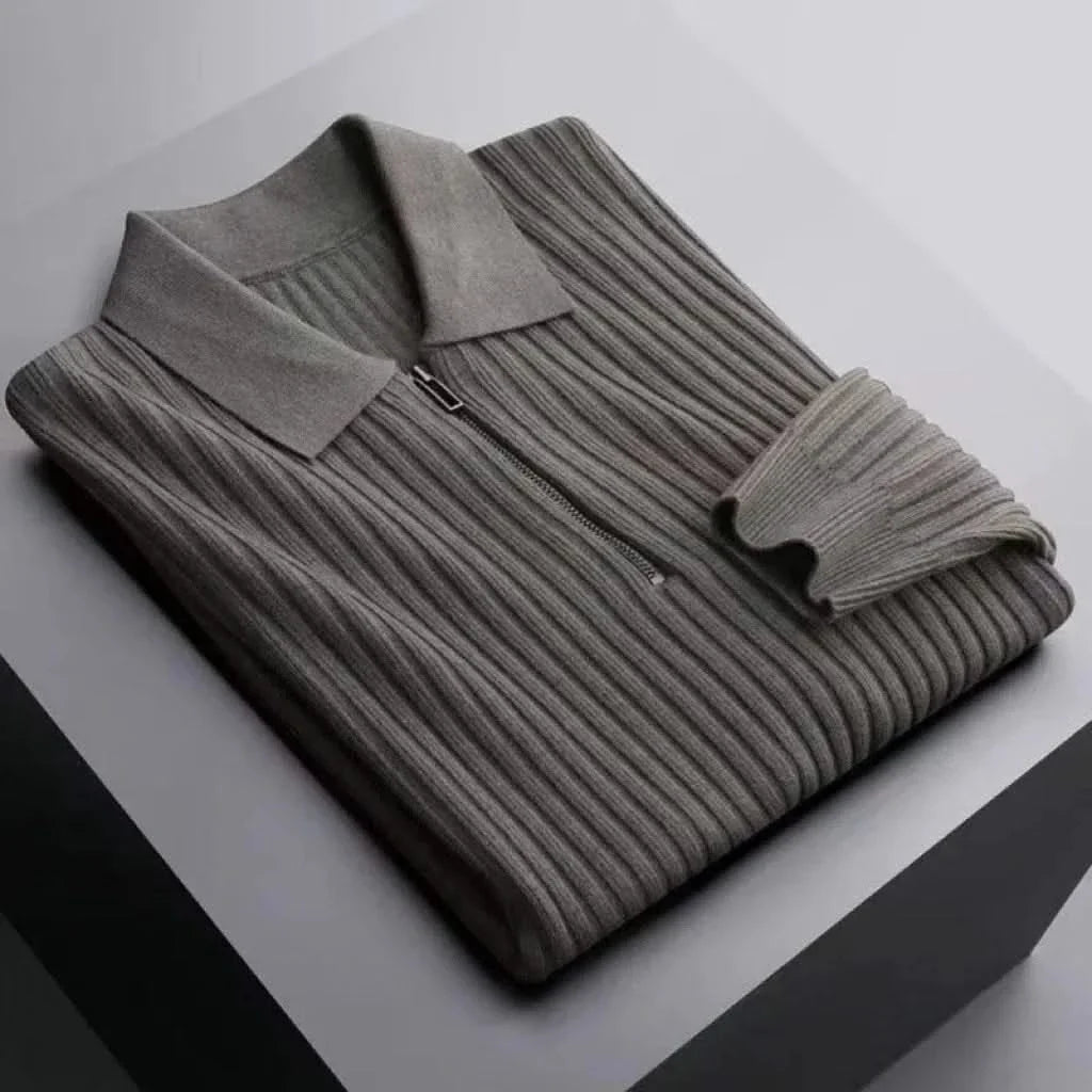 Men's ribbed knit polo with collar, long sleeve. Cotton blend comfort fit casual top for stylish outfits.
