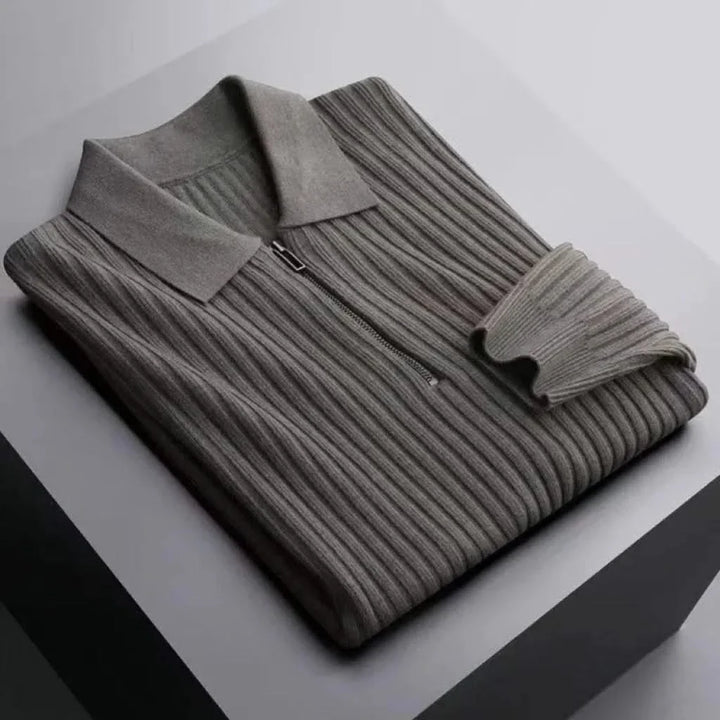 Men's ribbed knit polo with collar, long sleeve. Cotton blend comfort fit casual top for stylish outfits.