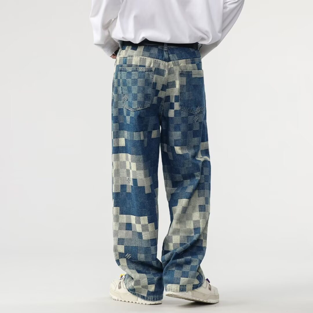 Men's Mosaic Jeans: Pixelated blue denim in a relaxed fit. Fashionable straight leg for modern street style.