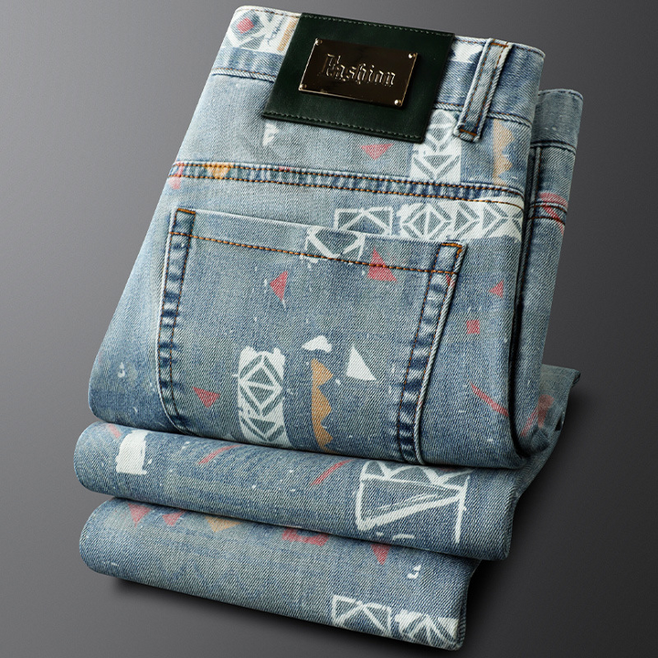 Distinctive tribal pattern unisex denim jeans, offering a unique fashion statement for casual style.