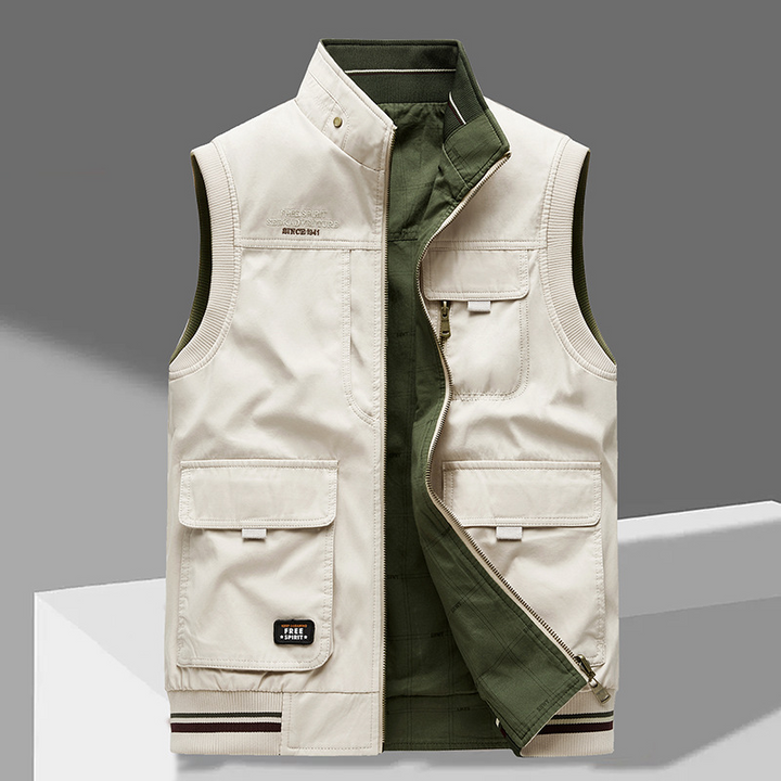Stylish men's cotton utility vest with multiple pockets, ideal for work, casual, and outdoor wear.