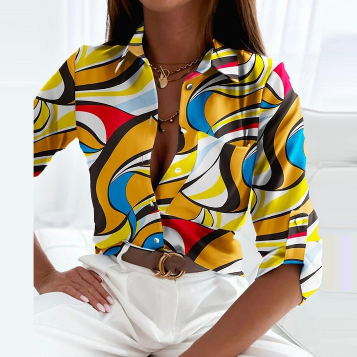 Fashionable long sleeve geometric print blouse for women, office or dressy.
