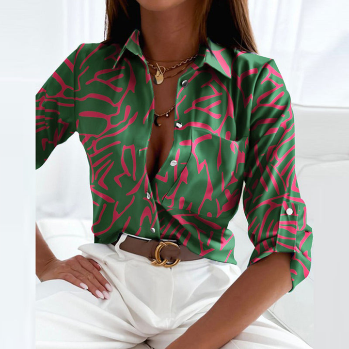 Women's classic geometric print button-down shirt, elegant and versatile.