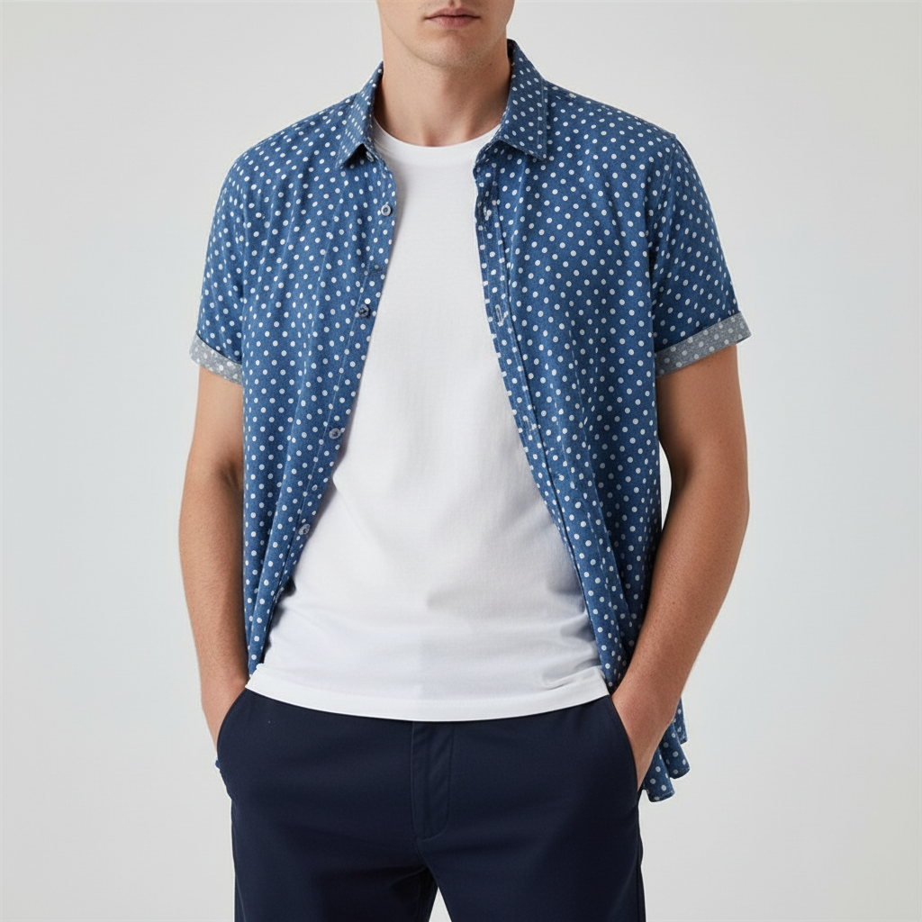 Men's casual short sleeve polka dot shirt, a stylish button-up for effortless summer fashion.