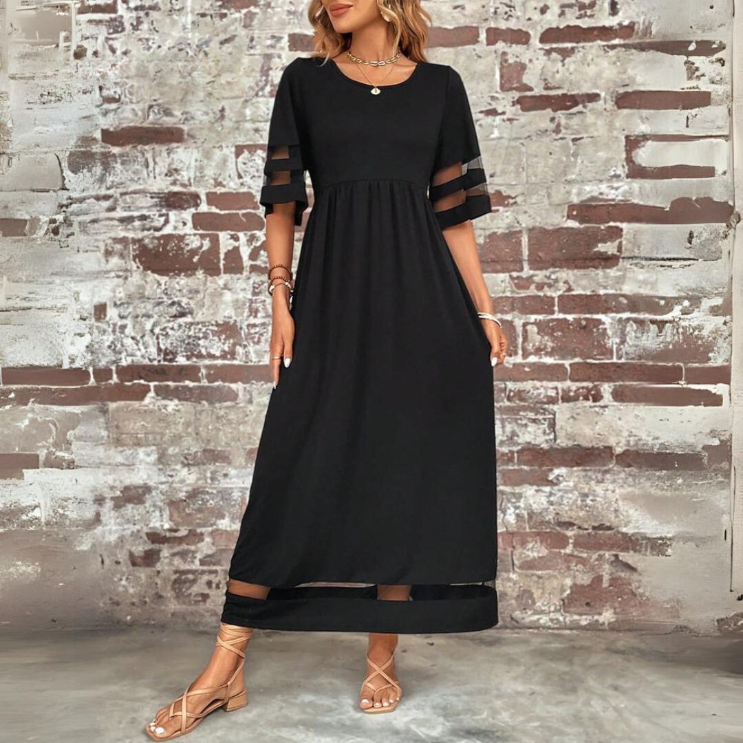 Versatile women's elegant maxi dress with mesh panels, gathered waist. Suitable for casual chic or occasion wear.