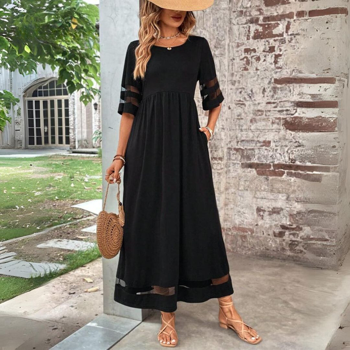 Elegant women's mesh panel gathered maxi dress with 3/4 sleeves. Ideal for spring, fall, and occasion wear.