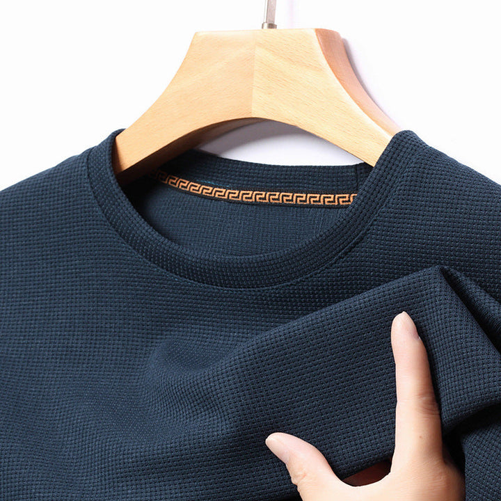 Front view of a men's premium waffle knit t-shirt, great for casual everyday style.