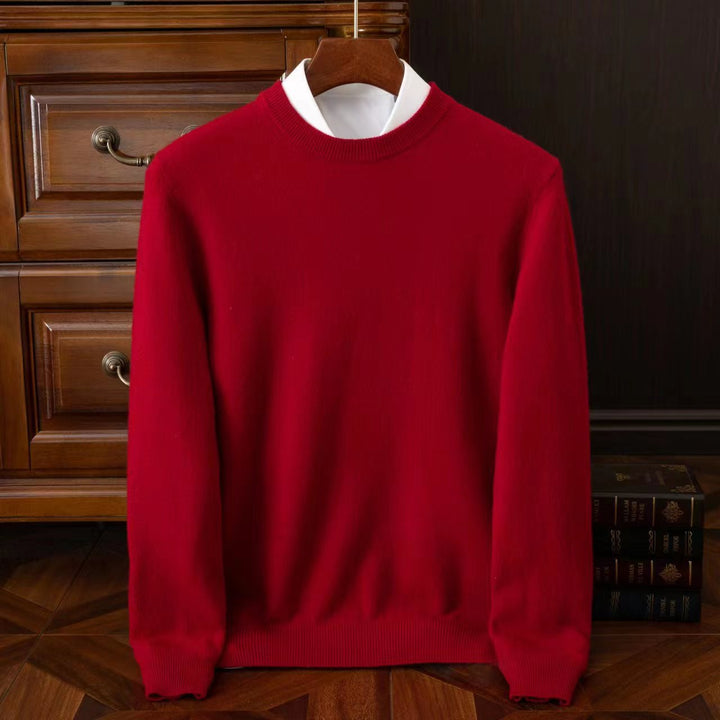 Model wearing Men's Redmond soft layering sweater, styled for smart casual, refined look; a winter essential.