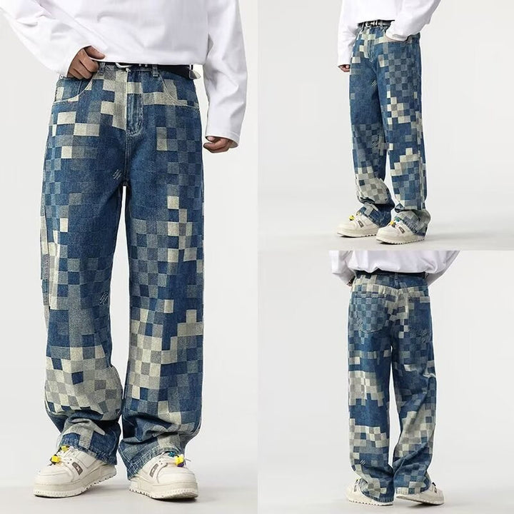 Black men's mosaic jeans with a striking pixelated pattern. Comfortable relaxed fit, ideal for urban street style.