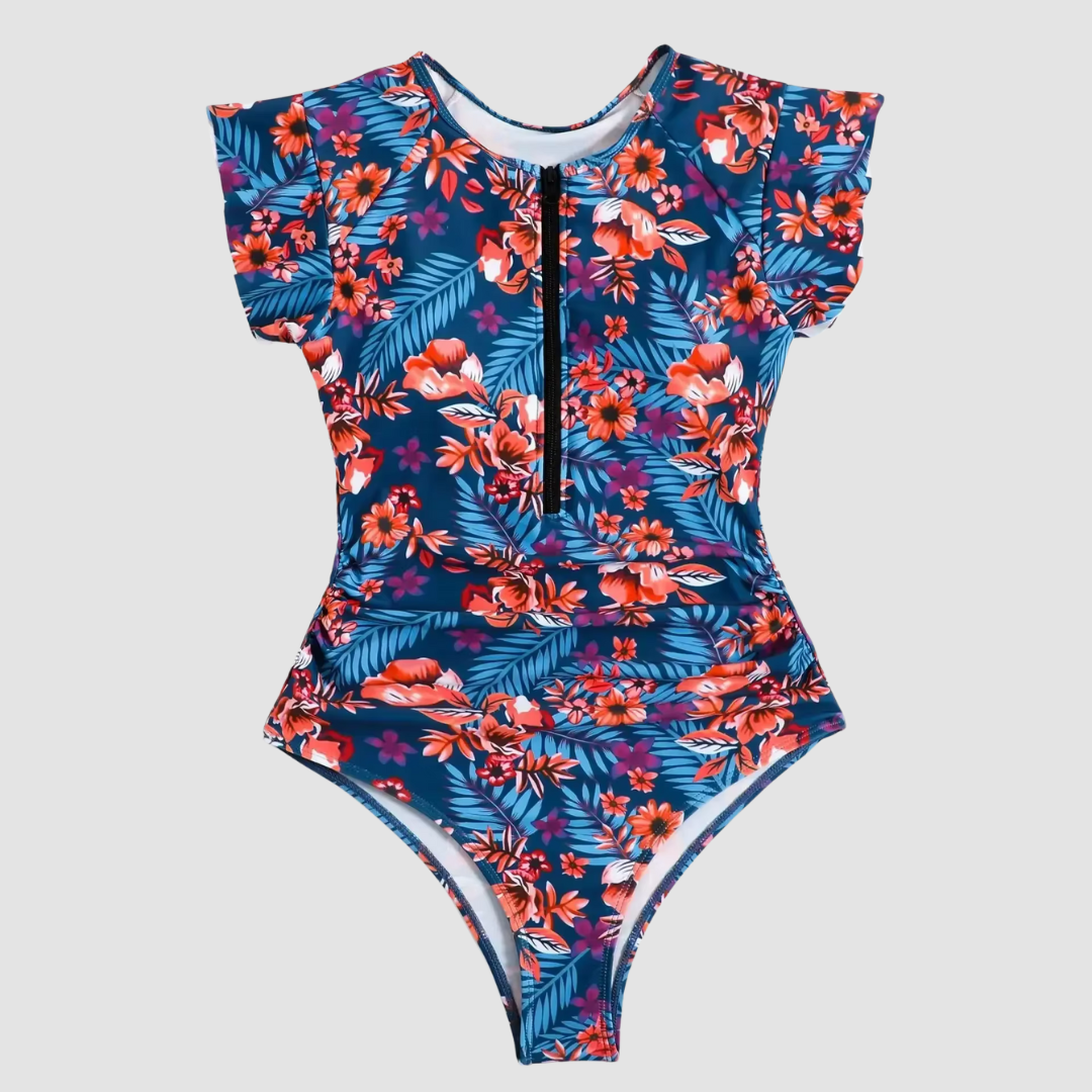 New women's active zipper one-piece swimwear, ideal for swimming and sunny beach days.