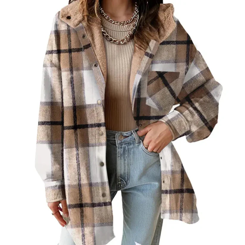 Casual women's plaid shacket, teddy bear hood, comfortable layering piece for fall/winter outfits.