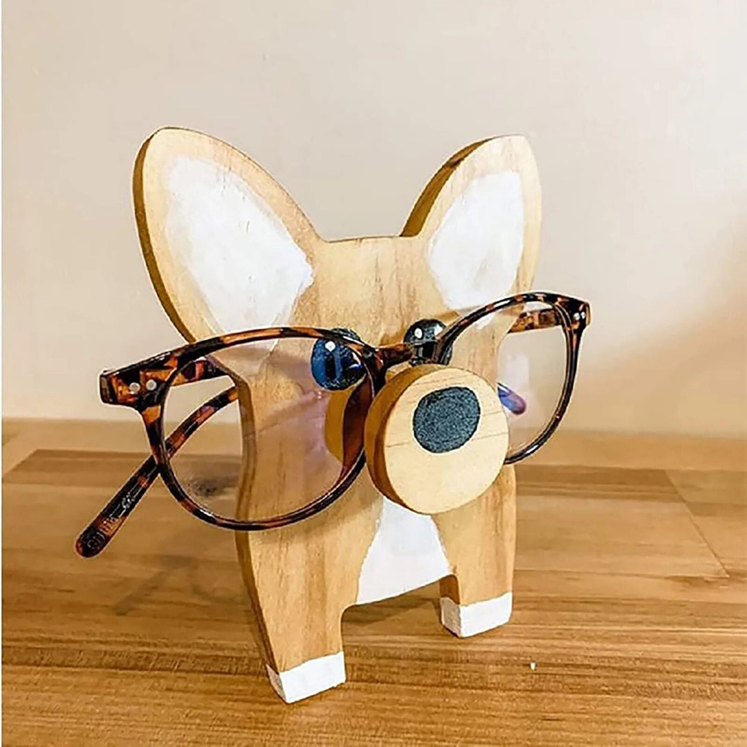 Detailed wooden animal glasses holder, a charming home office accessory & spectacle stand.