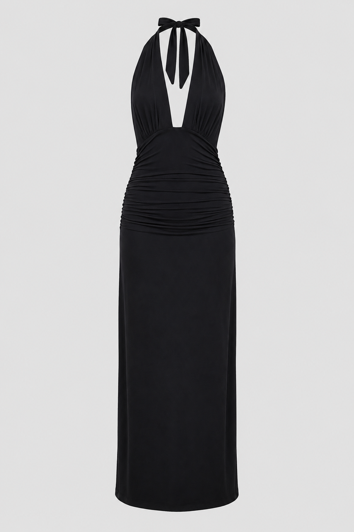 Women's plunge halter maxi dress with open back. Elegant evening gown for formal parties & special occasions.
