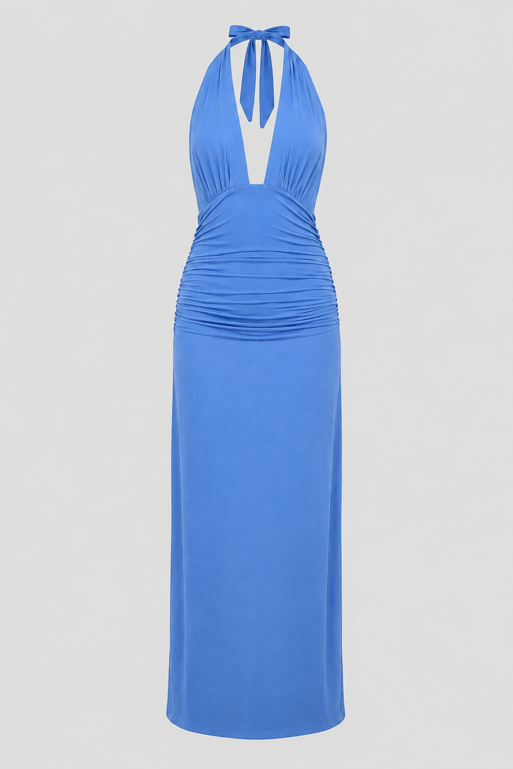 Flattering women's plunge halter maxi dress, open back. A stunning formal evening gown silhouette for parties.