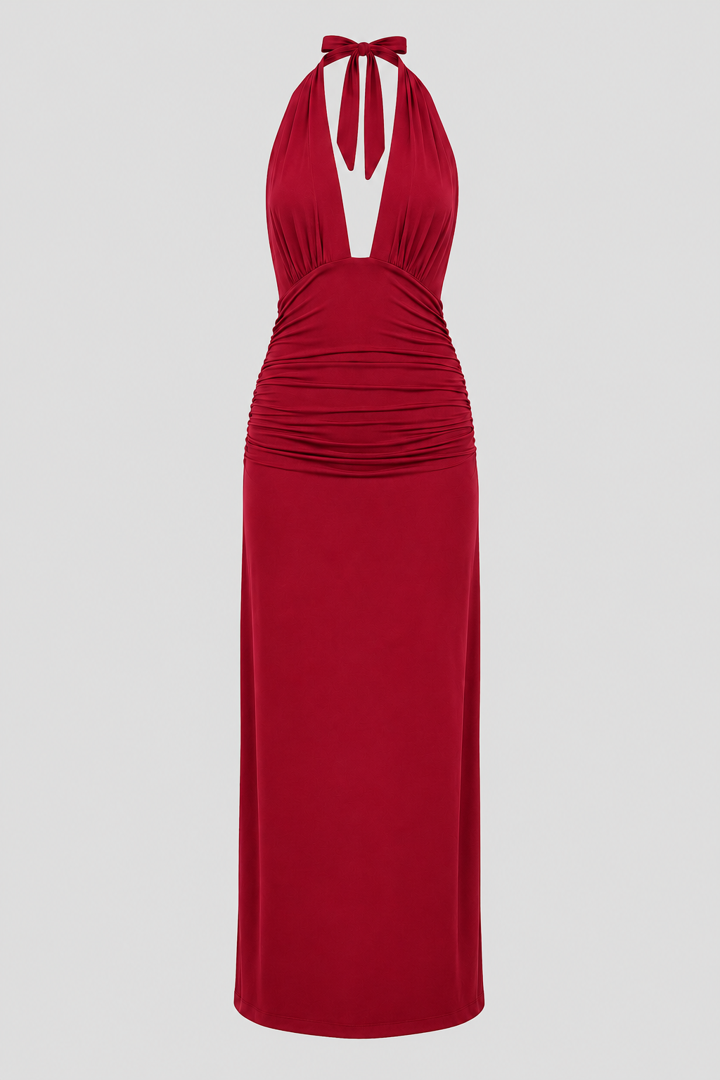 Plunge halter neckline women's maxi dress with open back. An elegant formal evening gown for special events.