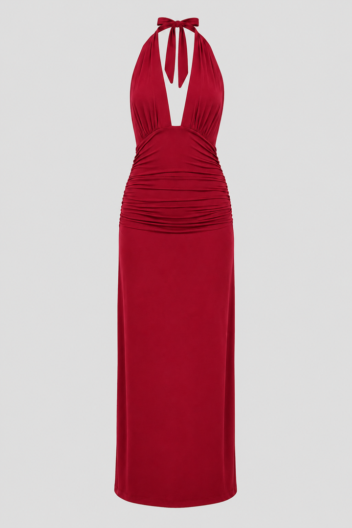 Plunge halter neckline women's maxi dress with open back. An elegant formal evening gown for special events.