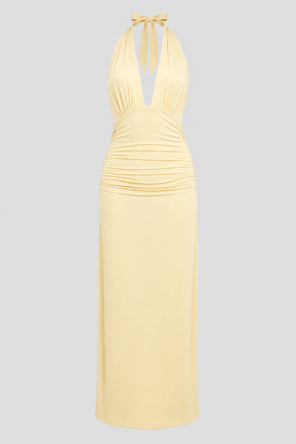 Women's elegant plunge halter maxi dress, open back evening gown. Ideal for formal parties & special occasions.