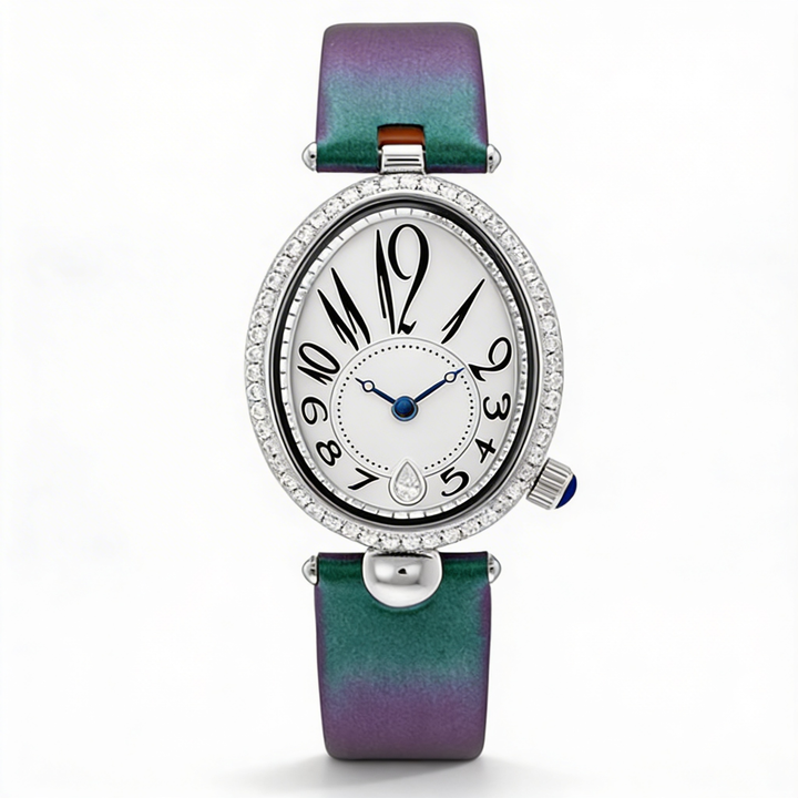 Close-up of a women's elegant oval dial watch, showing the finely crafted leather strap and sleek design.