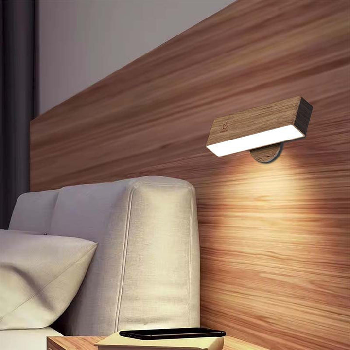 Modern rechargeable wood wall light with remote control for accent lighting & home decor.