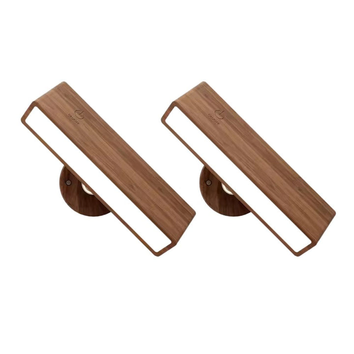 Wireless battery-powered LED wood wall light, modern design, rechargeable with remote control.