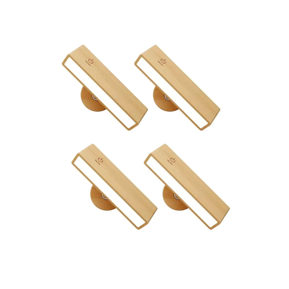 Wireless modern wood wall light, rechargeable LED with remote control, adjustable for flexible use.
