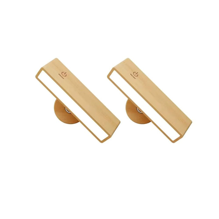 Adjustable modern wood wall light, rechargeable with remote, ideal for ambient LED lighting.