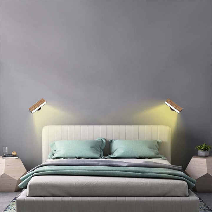 Sleek modern wood wall sconce, rechargeable LED, brown finish, controlled by remote for interiors.