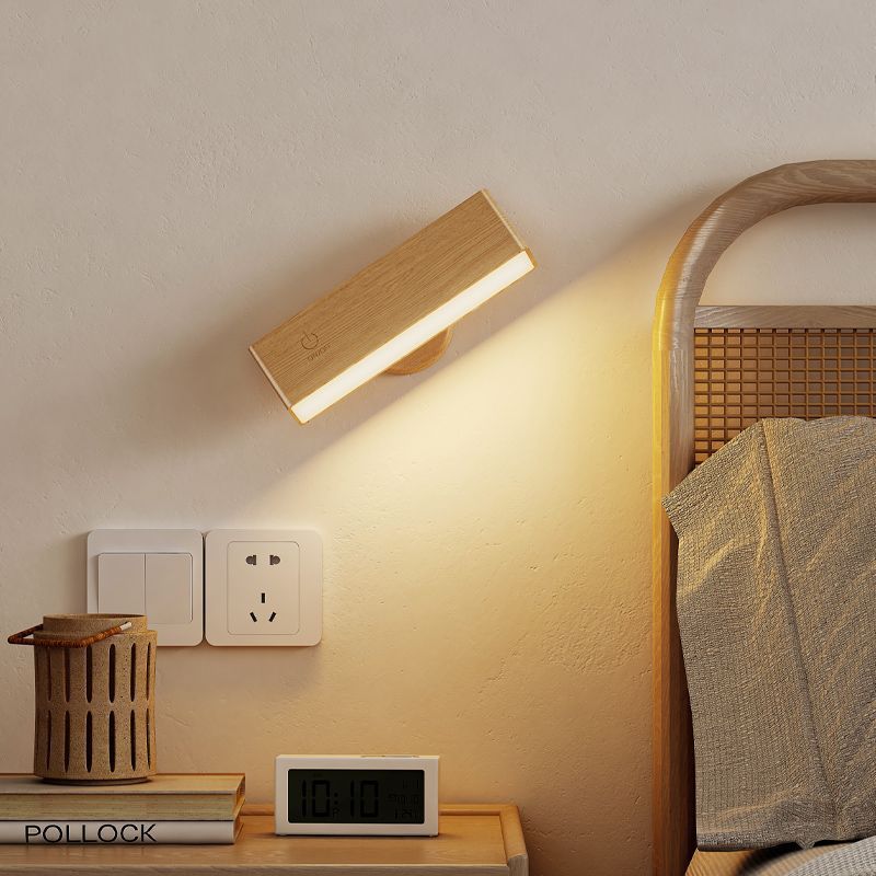 Rechargeable wood wall light with remote control, easy-install wireless LED sconce, modern style.
