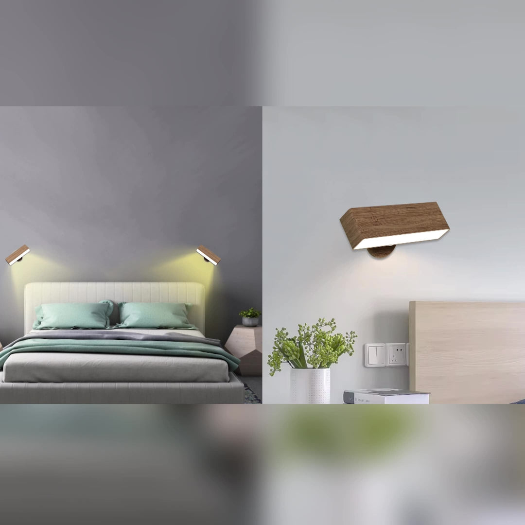 Brown wood finish rechargeable wall light, LED with remote control, battery-powered modern sconce.