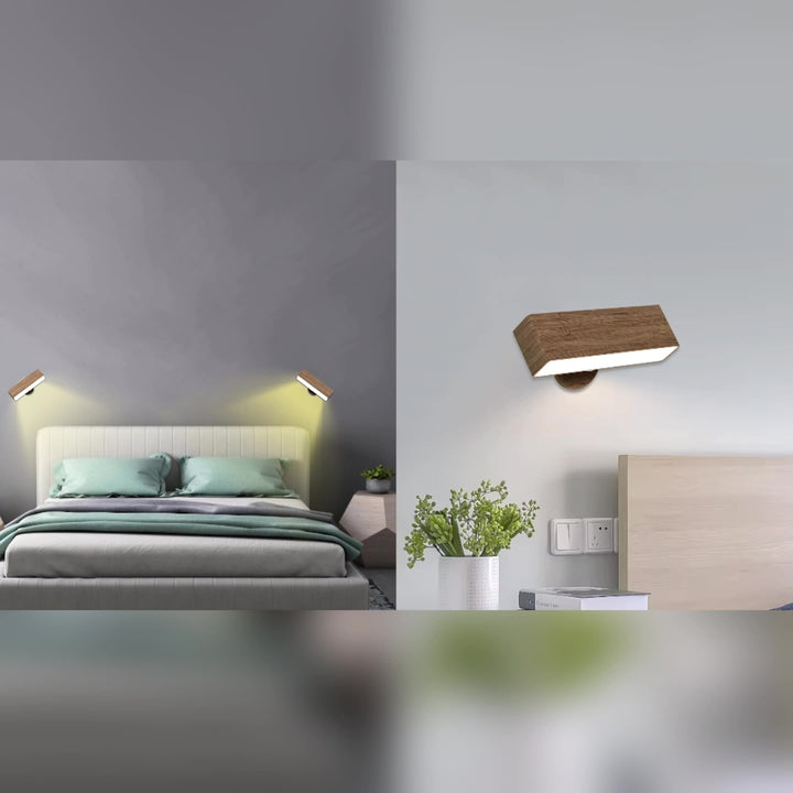 Brown wood finish rechargeable wall light, LED with remote control, battery-powered modern sconce.