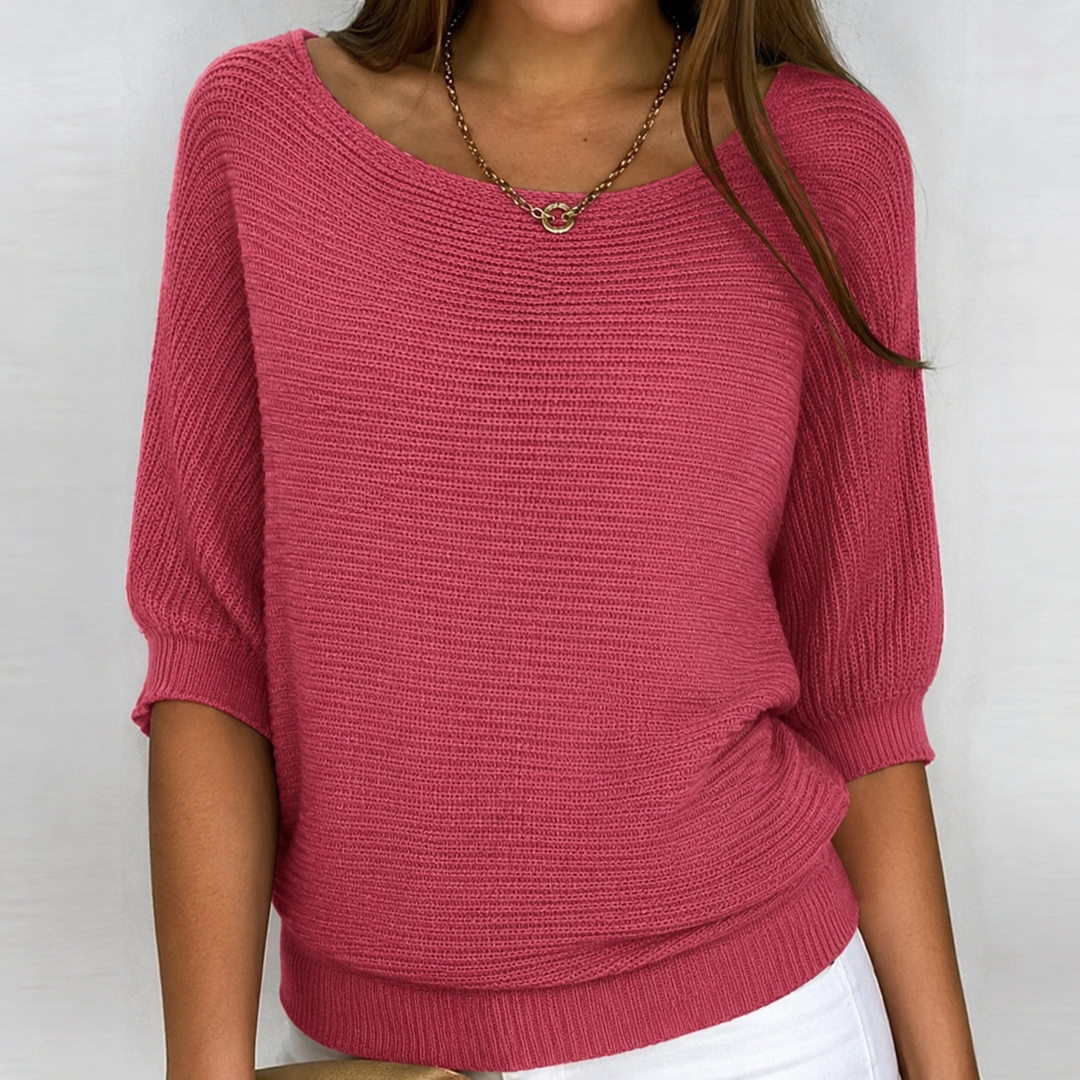 Versatile women's 3/4 sleeve knit top, ideal for spring fashion or cozy fall outfits. Effortless style.